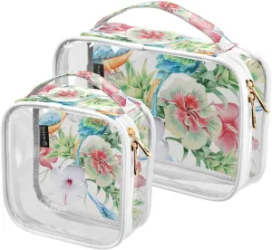 Parrots-flowers-hibiscus-bromeliad 2 Pack Clear Toiletry Bag Women Men, Portable Waterproof Clear Pouch, Cosmetic Bag with Double Zippers Large Opening Traveling with Handle for Bathroom Traveling Vac