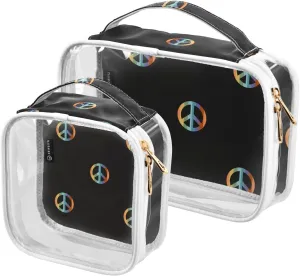 Peace-symbol-hippy-boho-pattern 2 Pack Clear Toiletry Bag Women Men, Portable Waterproof Clear Pouch, Cosmetic Bag with Double Zippers Large Opening Traveling with Handle for Bathroom Traveling Vacati