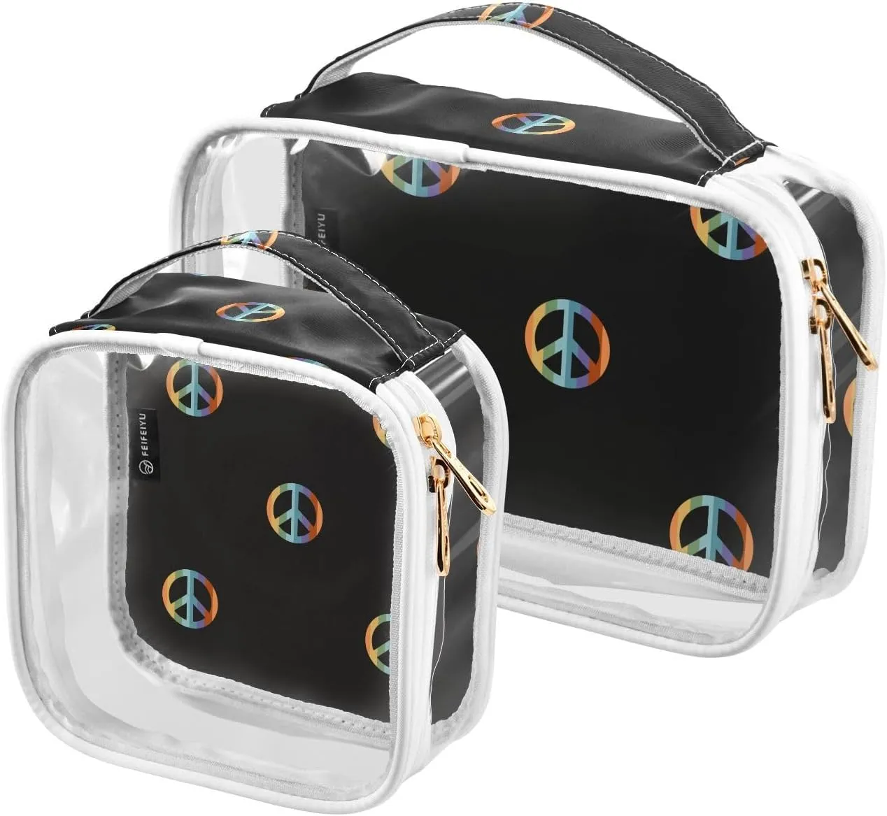 Peace-symbol-hippy-boho-pattern 2 Pack Clear Toiletry Bag Women Men, Portable Waterproof Clear Pouch, Cosmetic Bag with Double Zippers Large Opening Traveling with Handle for Bathroom Traveling Vacati
