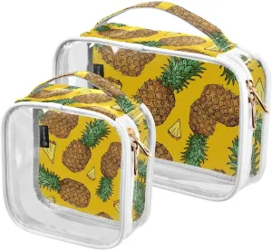 Piece-tropical-fruits-yellow Pattern 2 Pack Clear Toiletry Bag Women Men, Portable Waterproof Clear Pouch, Cosmetic Bag with Double Zippers Large Opening Traveling with Handle for Bathroom Traveling V