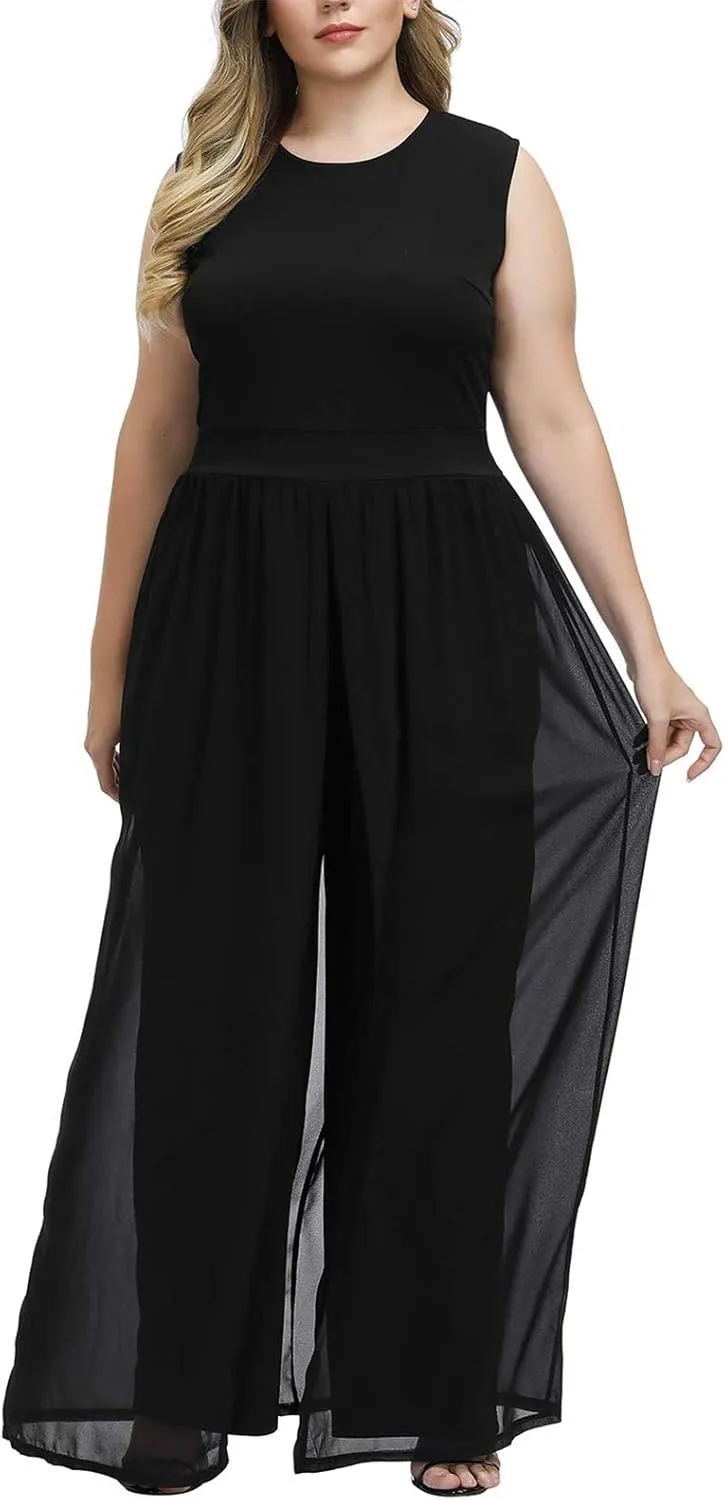 Pink Queen Women's Plus Size Sleeveless Tank Top Wide Leg Long Pants Chiffon Overlay Party Jumpsuit