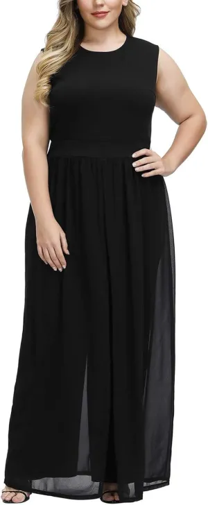 Pink Queen Women's Plus Size Sleeveless Tank Top Wide Leg Long Pants Chiffon Overlay Party Jumpsuit