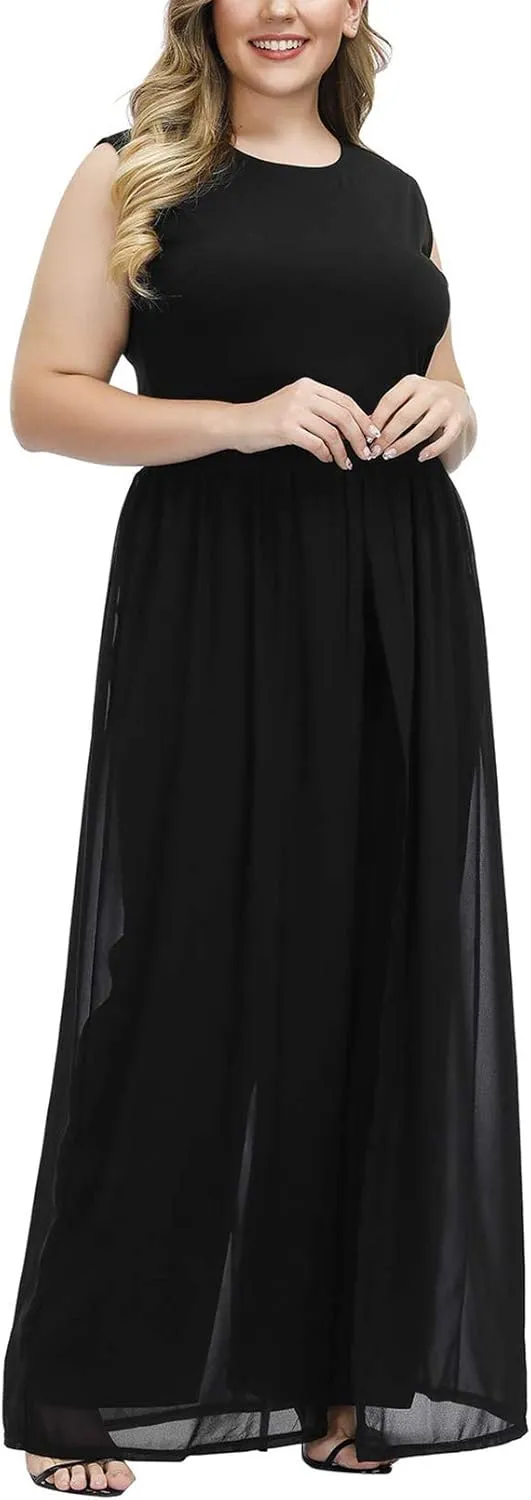 Pink Queen Women's Plus Size Sleeveless Tank Top Wide Leg Long Pants Chiffon Overlay Party Jumpsuit