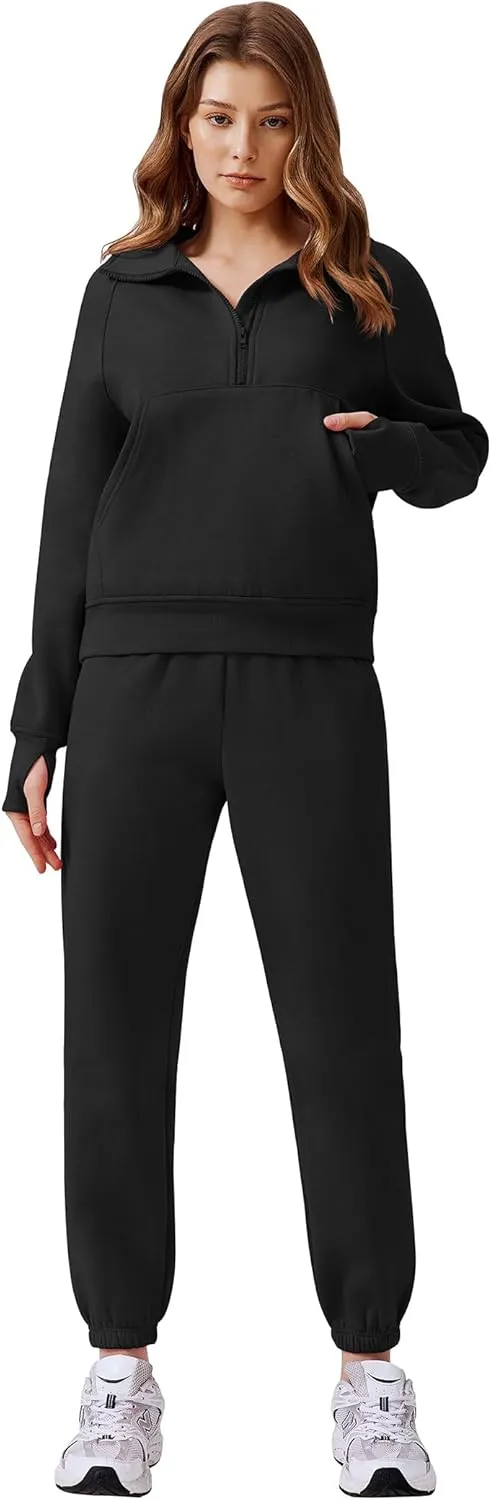 PINSPARK Womens 2 Piece Outfits Fleece Sweatsuit Half Zip Pullover Track Suit Jogger Sweatshirt and Sweatpants Matching Set