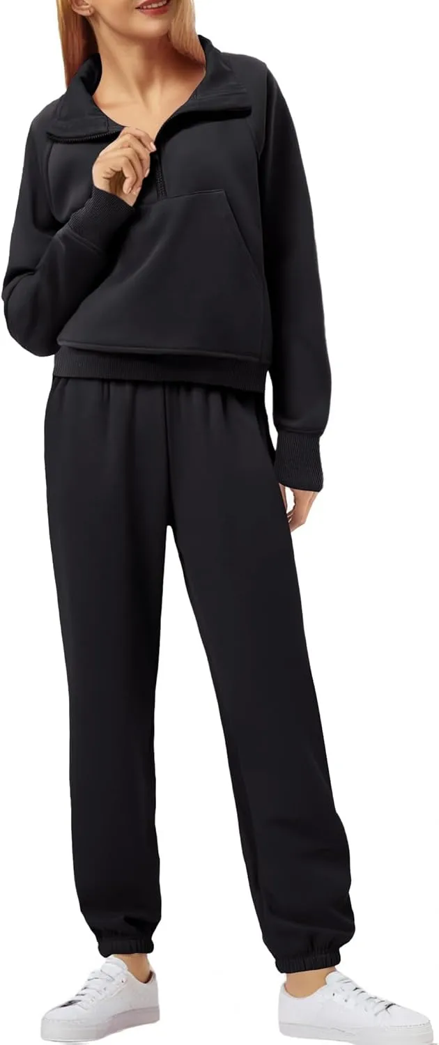 PINSPARK Womens 2 Piece Outfits Fleece Sweatsuit Half Zip Pullover Track Suit Jogger Sweatshirt and Sweatpants Matching Set