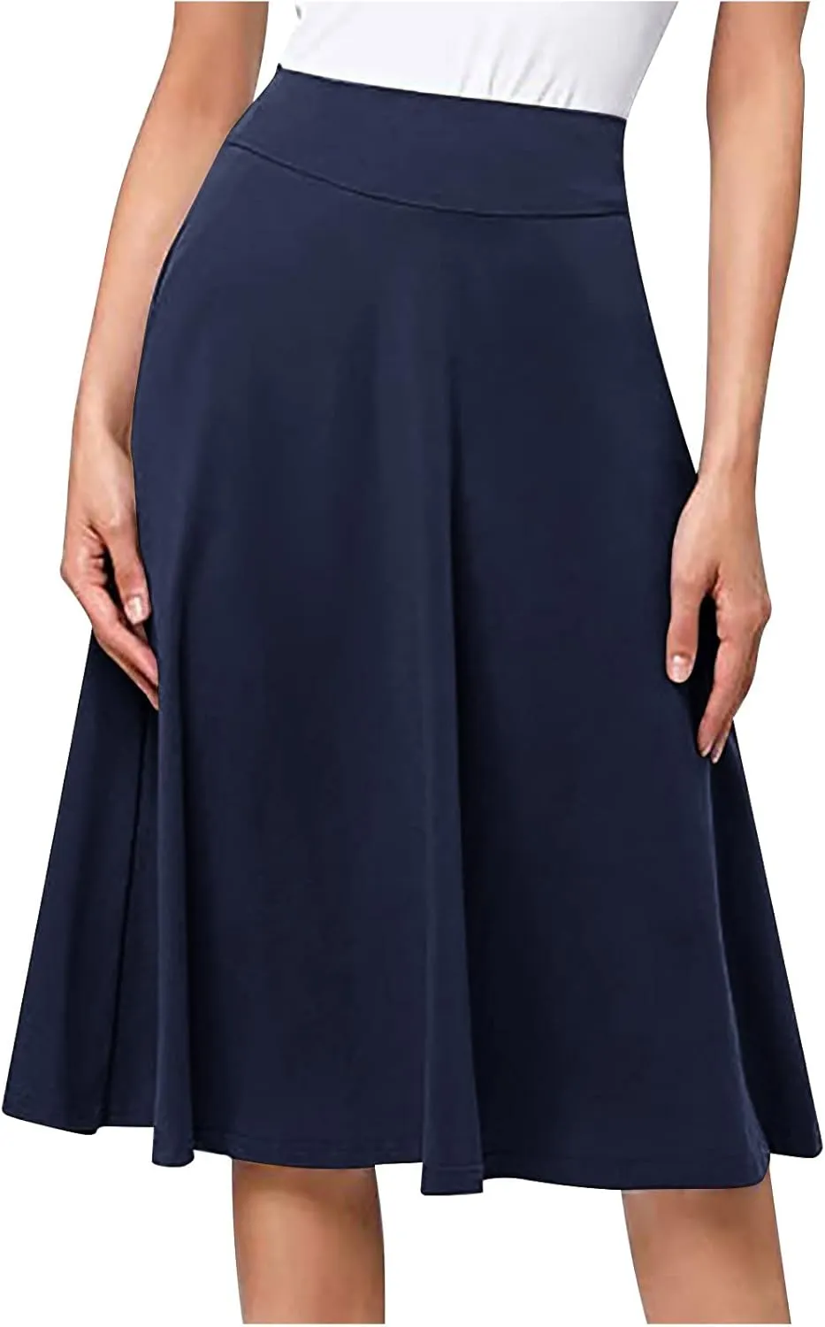 Pleated Midi Skirts for Women, 2024 Summer Fashion Long High Waisted Flare Casual Stretch Knit Knee Length Skirt