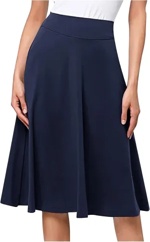 Pleated Midi Skirts for Women, 2024 Summer Fashion Long High Waisted Flare Casual Stretch Knit Knee Length Skirt