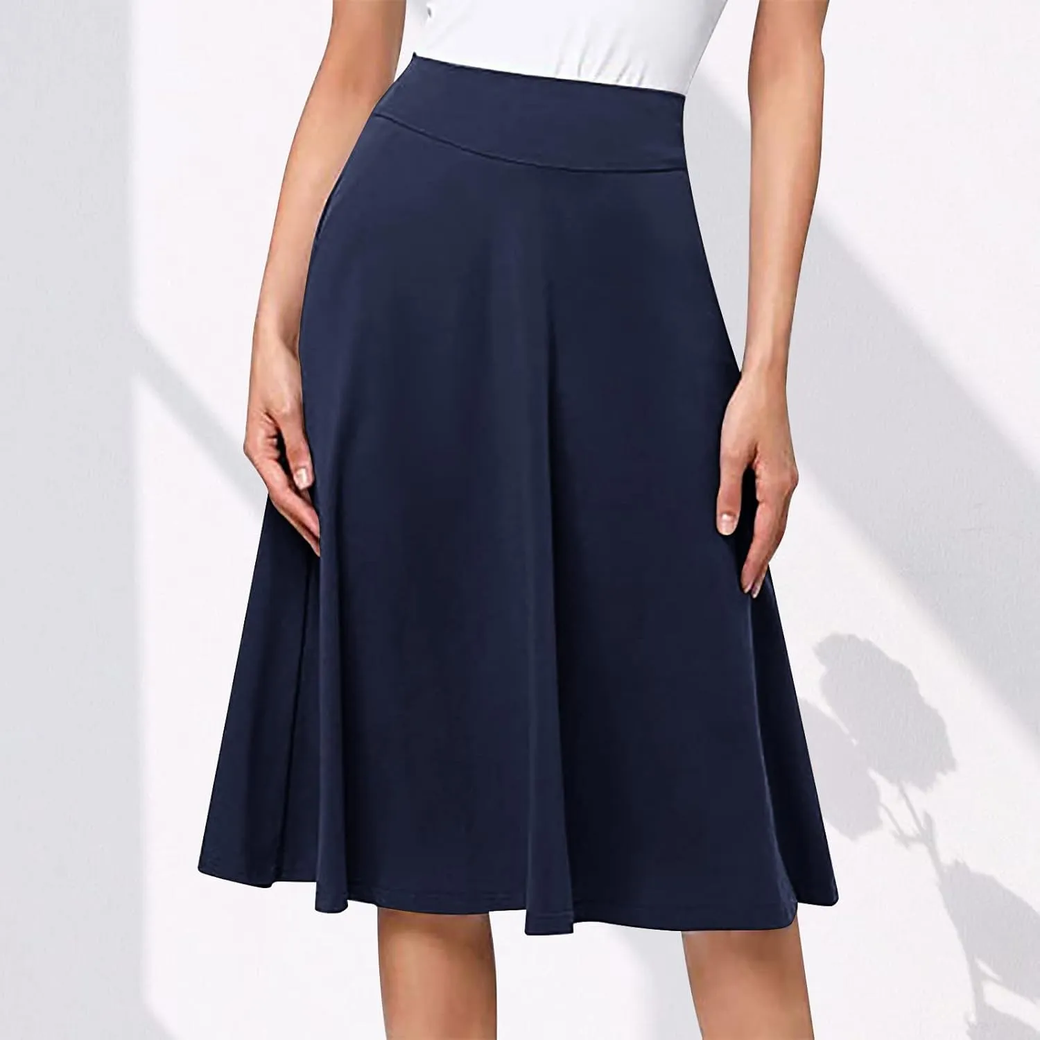 Pleated Midi Skirts for Women, 2024 Summer Fashion Long High Waisted Flare Casual Stretch Knit Knee Length Skirt