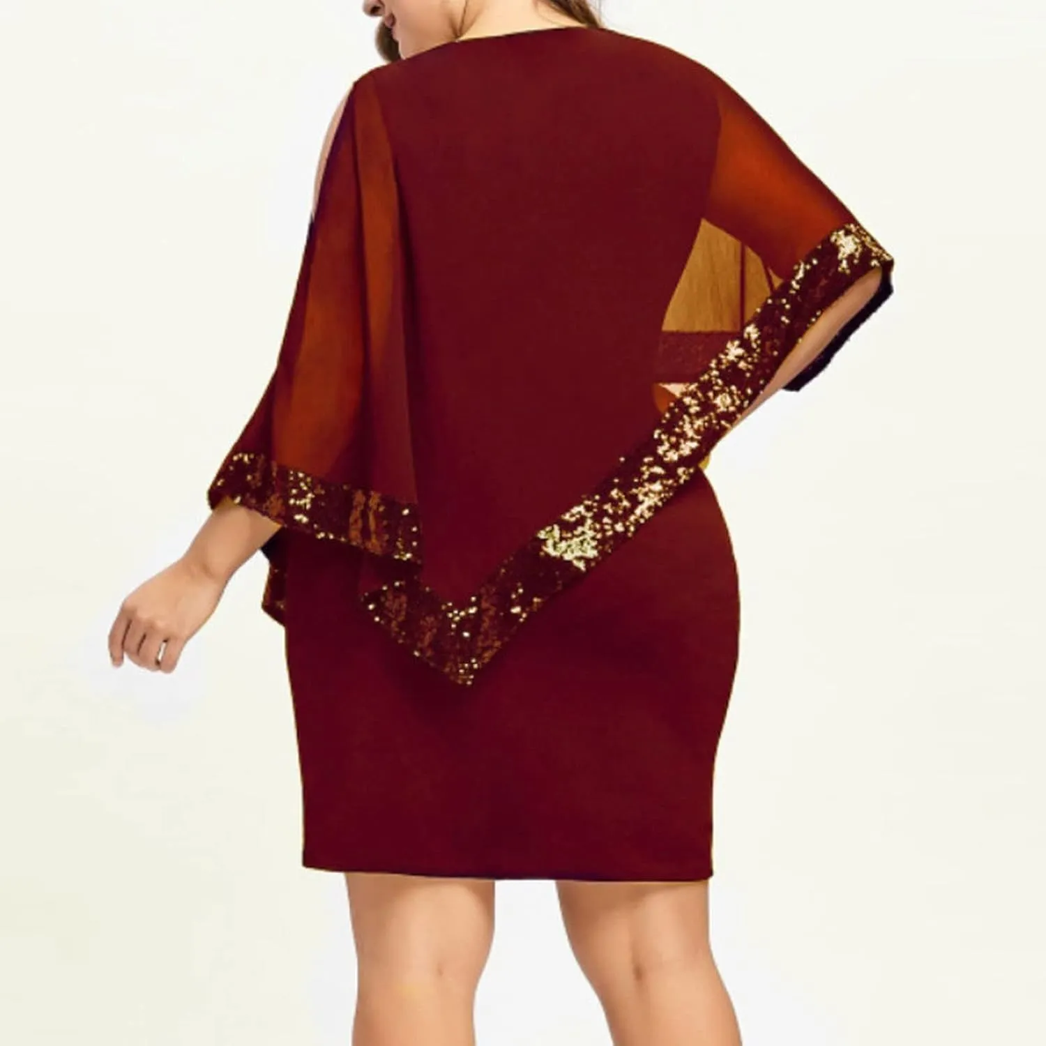 Plus Size Dresses for Curvy Women,2024 Trendy Irregular Chiffon Cape Wedding Guest Dress,Elegant Bodycon Midi Pencil Dress