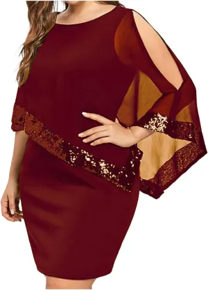 Plus Size Dresses for Curvy Women,2024 Trendy Irregular Chiffon Cape Wedding Guest Dress,Elegant Bodycon Midi Pencil Dress