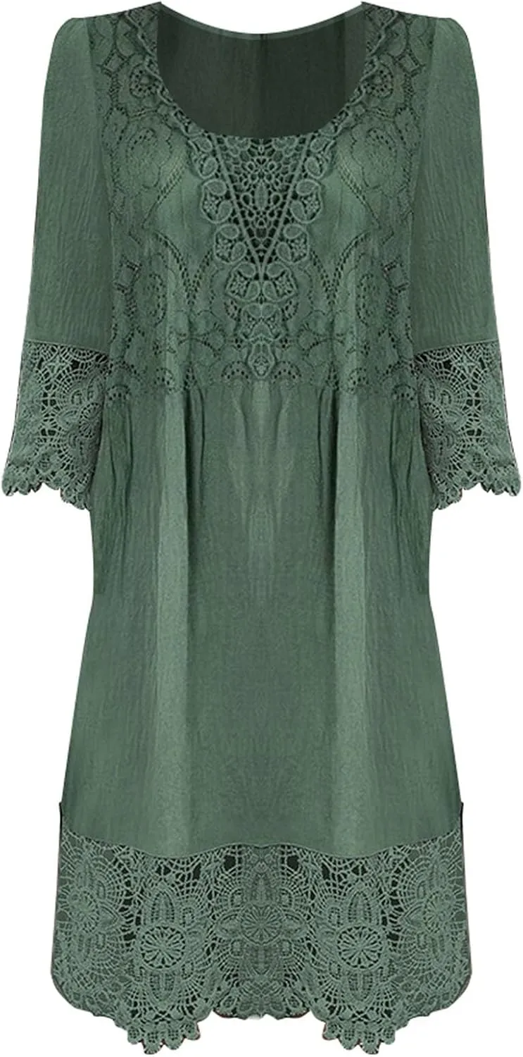 Plus Size Lace Dresses for Womens Fall Dresses Round Neck Midi Dresses Bell Sleeve Short Dress Wedding Guest Dresses