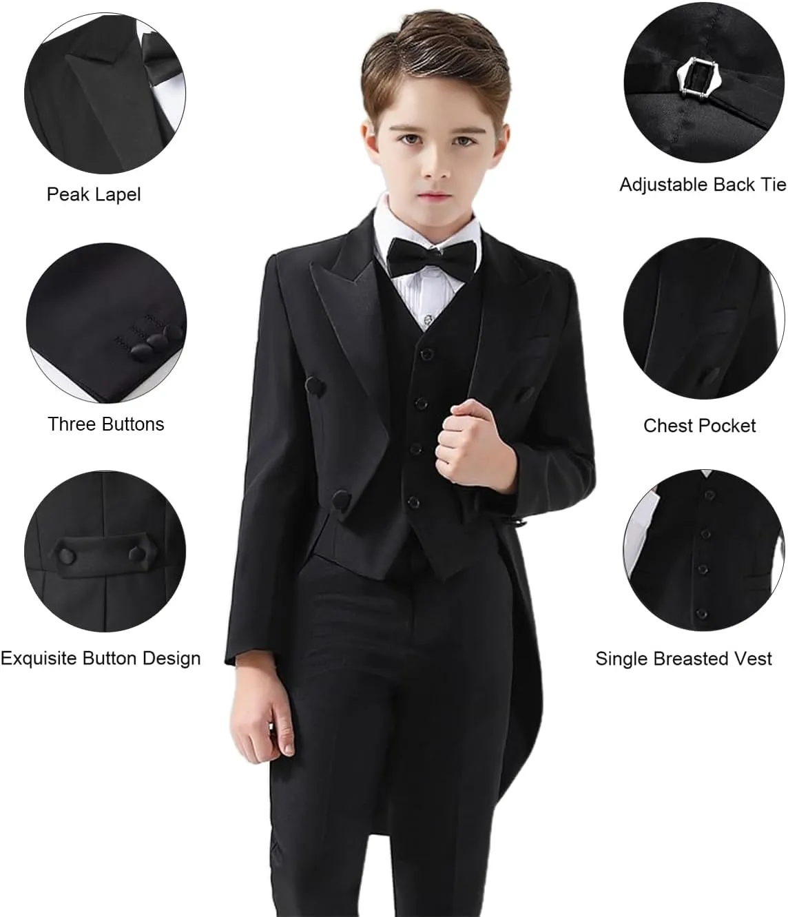 ProPoFol Boys Tailcoat Suit Slim Fit Boys Tuxedo Suit 3 Piece Suits Set for Kids Tuxedo with Tail for Concert Wedding