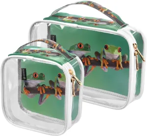 Redeyed-tree-frog-closeup 2 Pack Clear Toiletry Bag Women Men, Portable Waterproof Clear Pouch, Cosmetic Bag with Double Zippers Large Opening Traveling with Handle for Bathroom Traveling Vacation Org