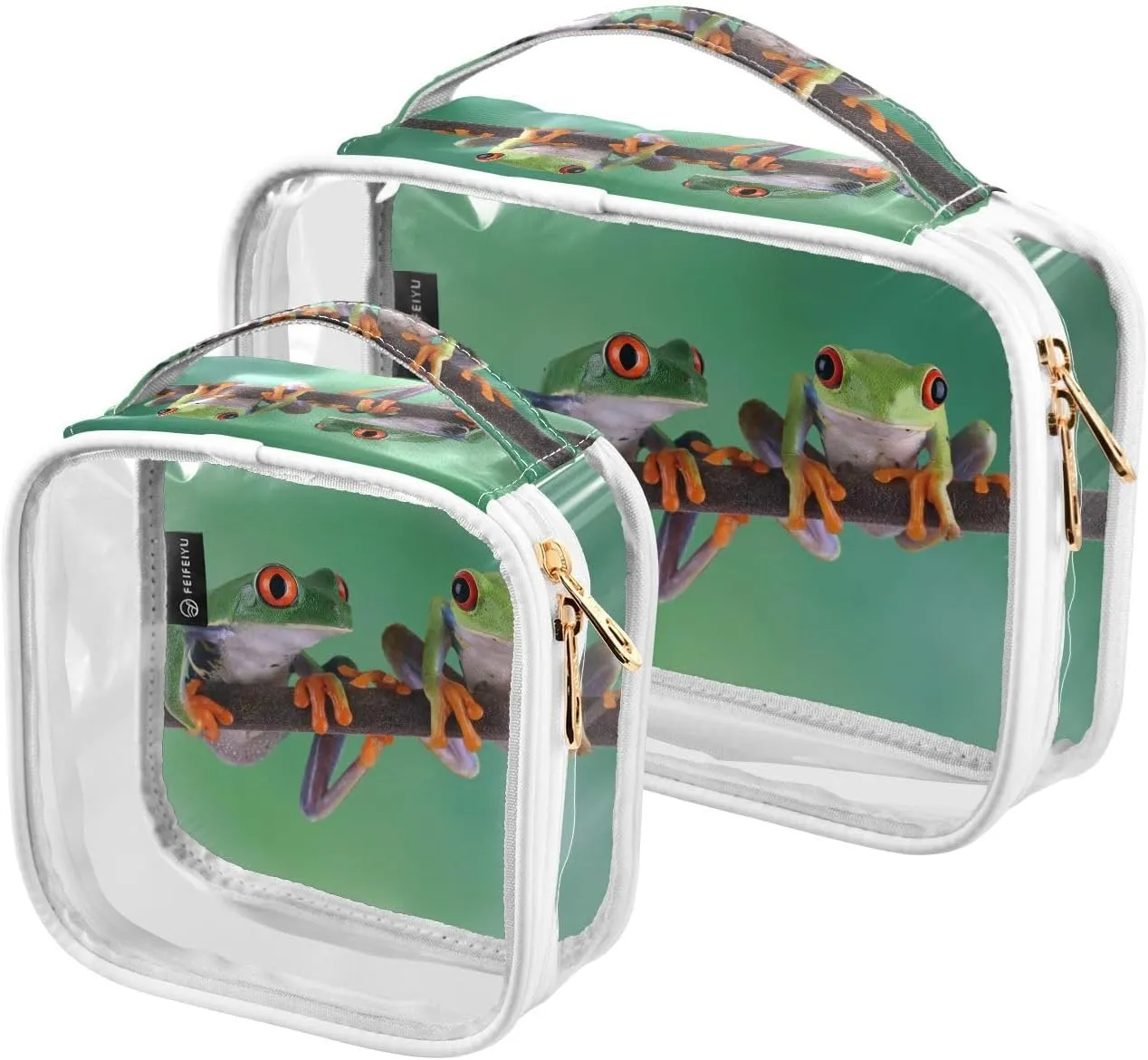 Redeyed-tree-frog-closeup 2 Pack Clear Toiletry Bag Women Men, Portable Waterproof Clear Pouch, Cosmetic Bag with Double Zippers Large Opening Traveling with Handle for Bathroom Traveling Vacation Org