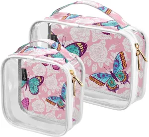 Roses-colorful-butterflies Pink Print 2 Pack Clear Toiletry Bag Women Men, Portable Waterproof Clear Pouch, Cosmetic Bag with Double Zippers Large Opening Traveling with Handle for Bathroom Traveling