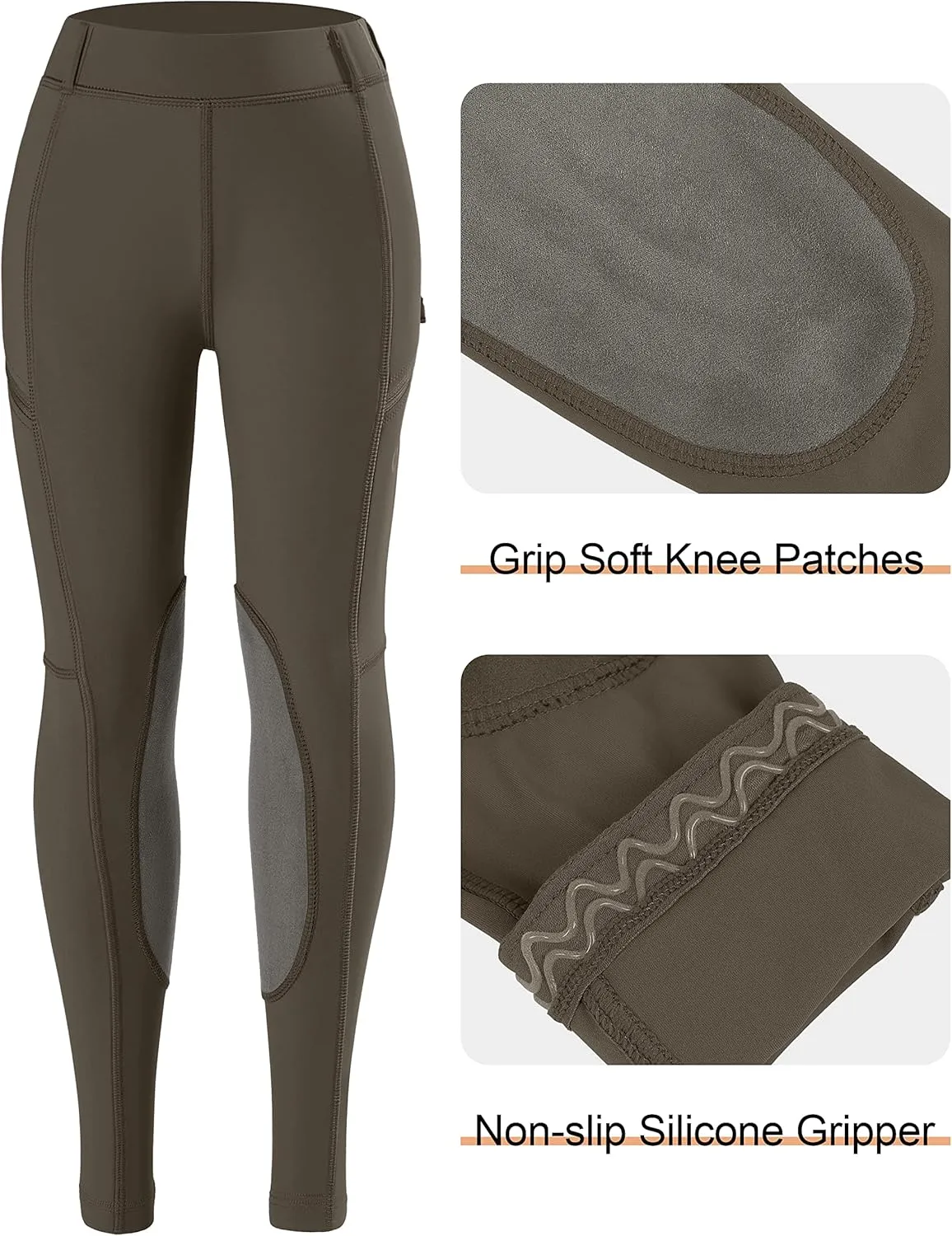 SANTINY Girls Horse Riding Pants with Zipper Pockets Kids Stretchy Equestrian Breeches Knee-Patch Youth Schooling Tights