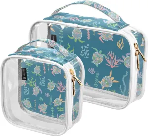 Sea-turtles Texture Cartoon 2 Pack Clear Toiletry Bag Women Men, Portable Waterproof Clear Pouch, Cosmetic Bag with Double Zippers Large Opening Traveling with Handle for Bathroom Traveling Vacation