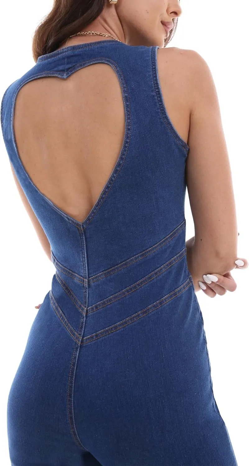 SEMATOMALA Women's Sleeveless Y2K Jean Jumpsuit Flared Leg Pants Romper Halter Tank Top Denim Catsuit Maxi Overall