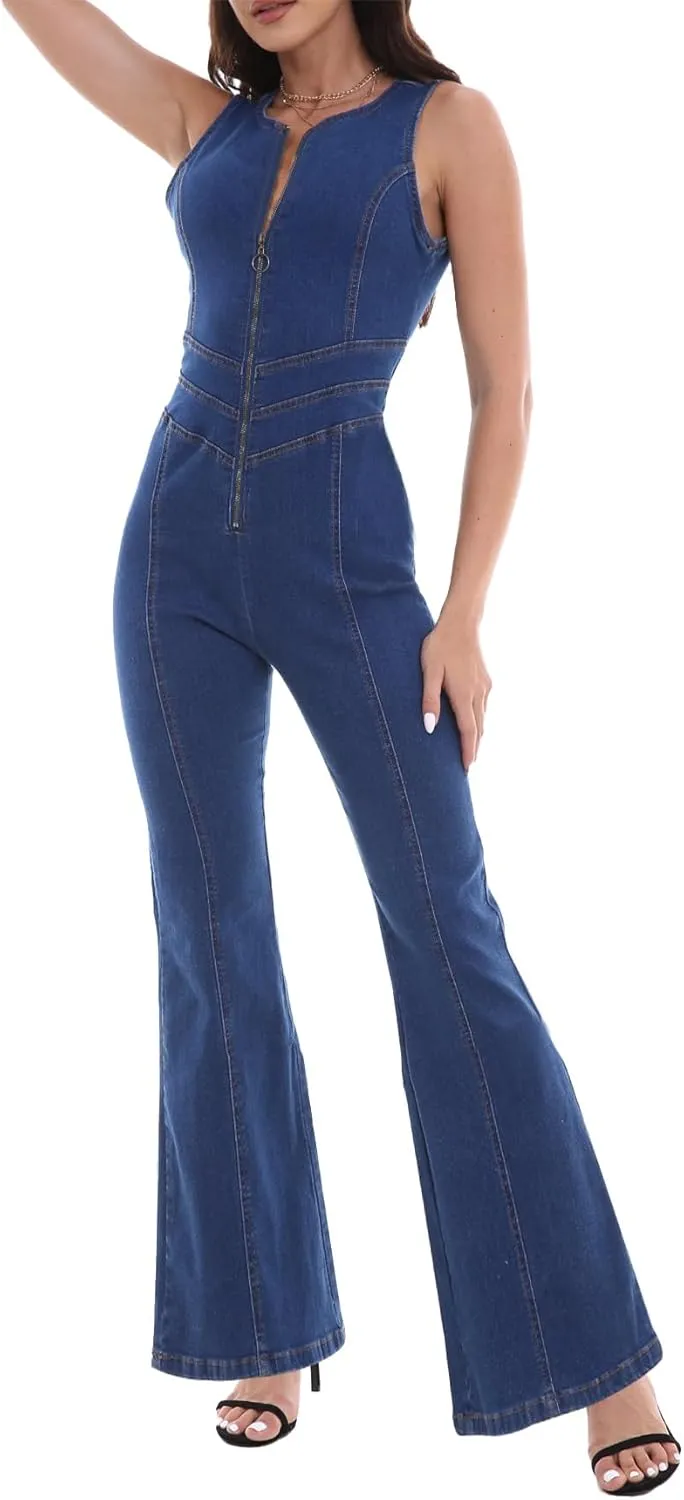 SEMATOMALA Women's Sleeveless Y2K Jean Jumpsuit Flared Leg Pants Romper Halter Tank Top Denim Catsuit Maxi Overall