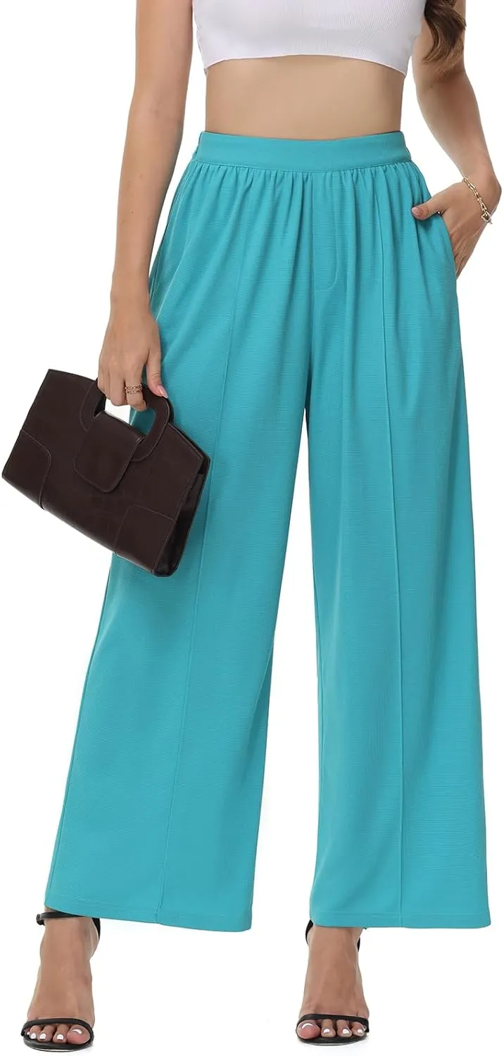 SeSe Code Womens Wide Leg Trousers Pants Waffle Knit Lounge Palazzo Pant High Waisted Casual Slacks with Pockets