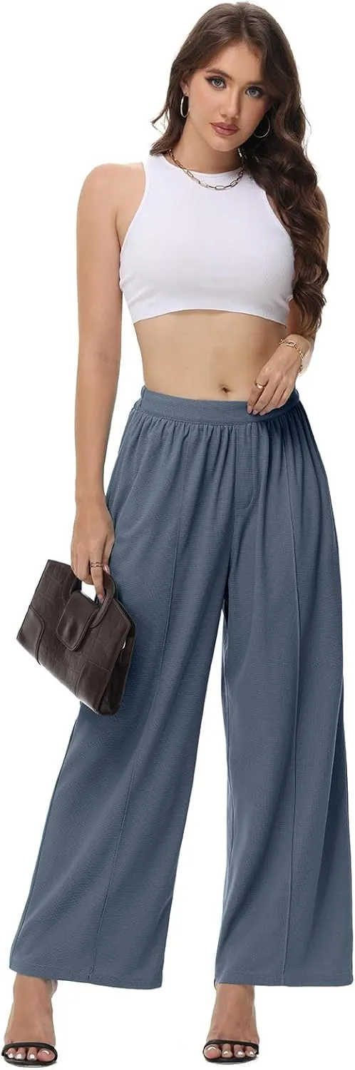 SeSe Code Womens Wide Leg Trousers Pants Waffle Knit Lounge Palazzo Pant High Waisted Casual Slacks with Pockets