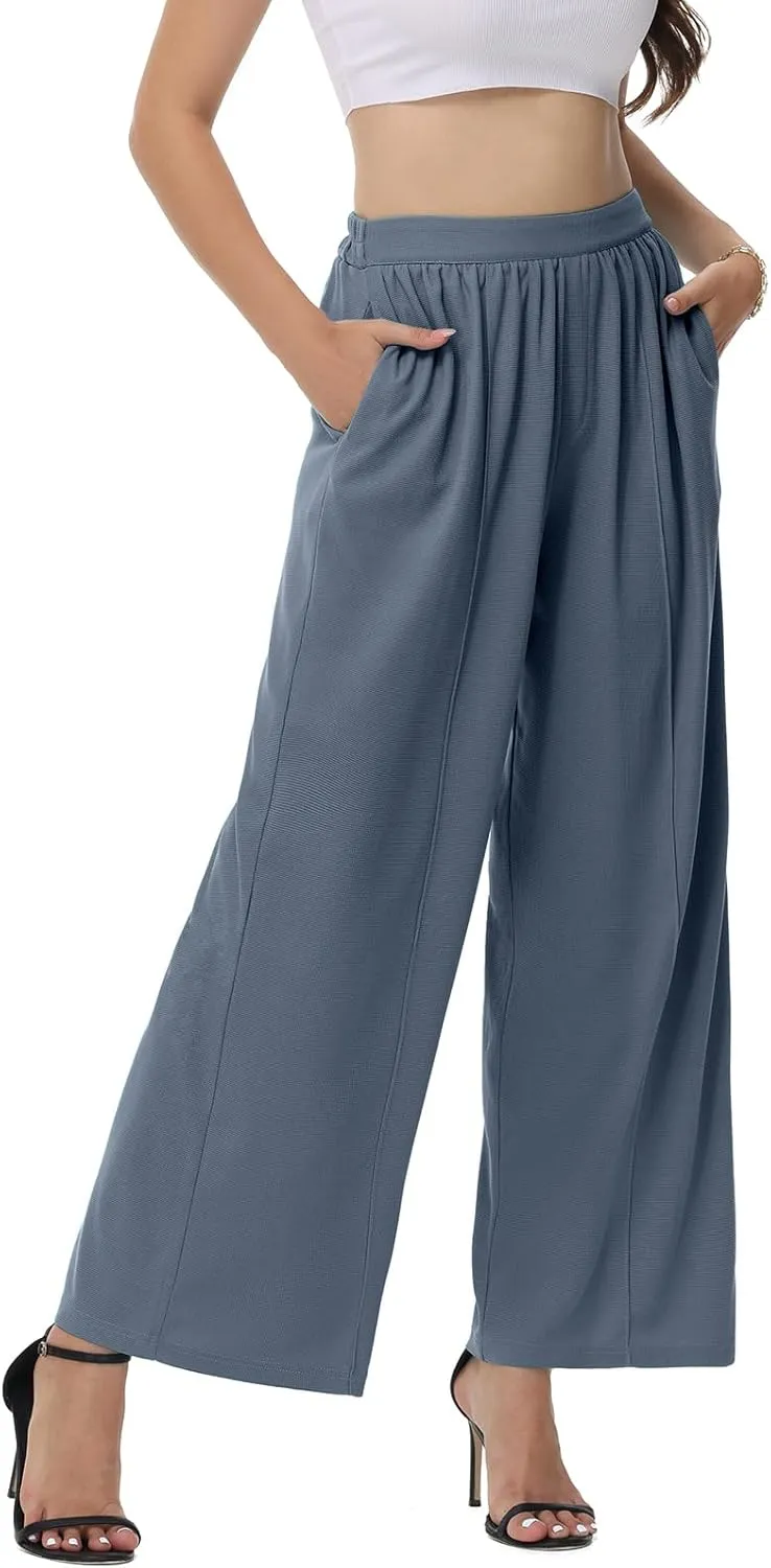 SeSe Code Womens Wide Leg Trousers Pants Waffle Knit Lounge Palazzo Pant High Waisted Casual Slacks with Pockets