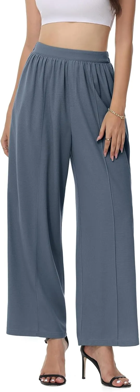 SeSe Code Womens Wide Leg Trousers Pants Waffle Knit Lounge Palazzo Pant High Waisted Casual Slacks with Pockets
