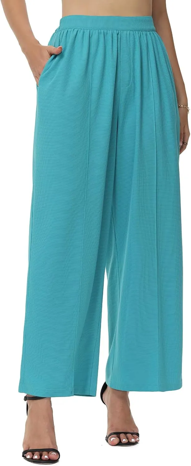 SeSe Code Womens Wide Leg Trousers Pants Waffle Knit Lounge Palazzo Pant High Waisted Casual Slacks with Pockets