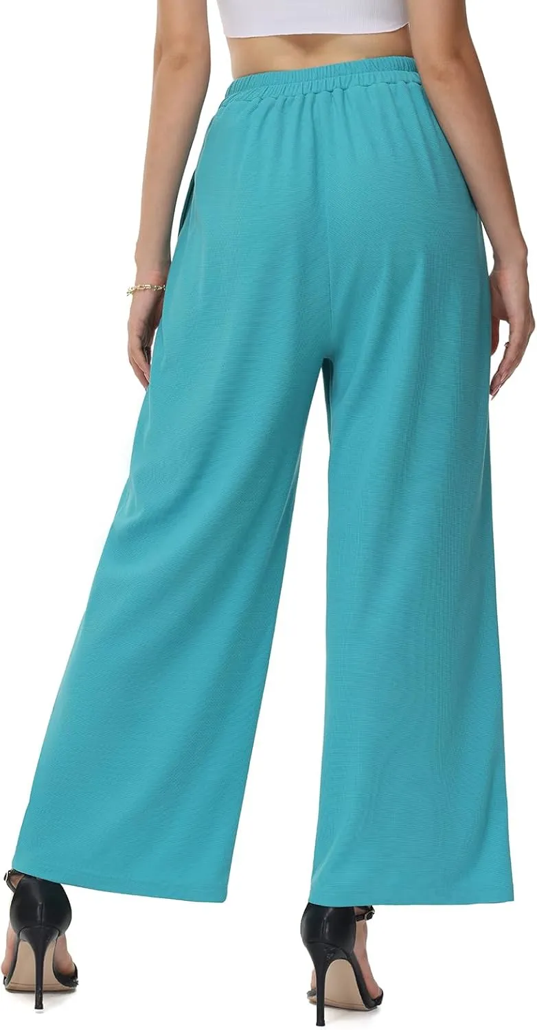 SeSe Code Womens Wide Leg Trousers Pants Waffle Knit Lounge Palazzo Pant High Waisted Casual Slacks with Pockets