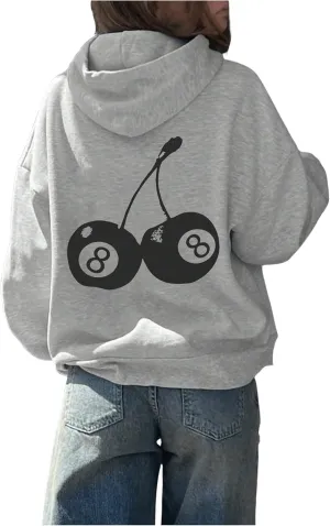 SHENHE Women's Oversized Cherry Graphic Drawstring Hoodie Casual Pullover Sweatshirts with Pocket