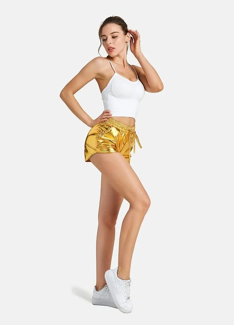 Shiny Metallic Sexy Shorts Women High Waist Reflective Pants Sparkly Outfit Elastic Waist Rave Dance Party
