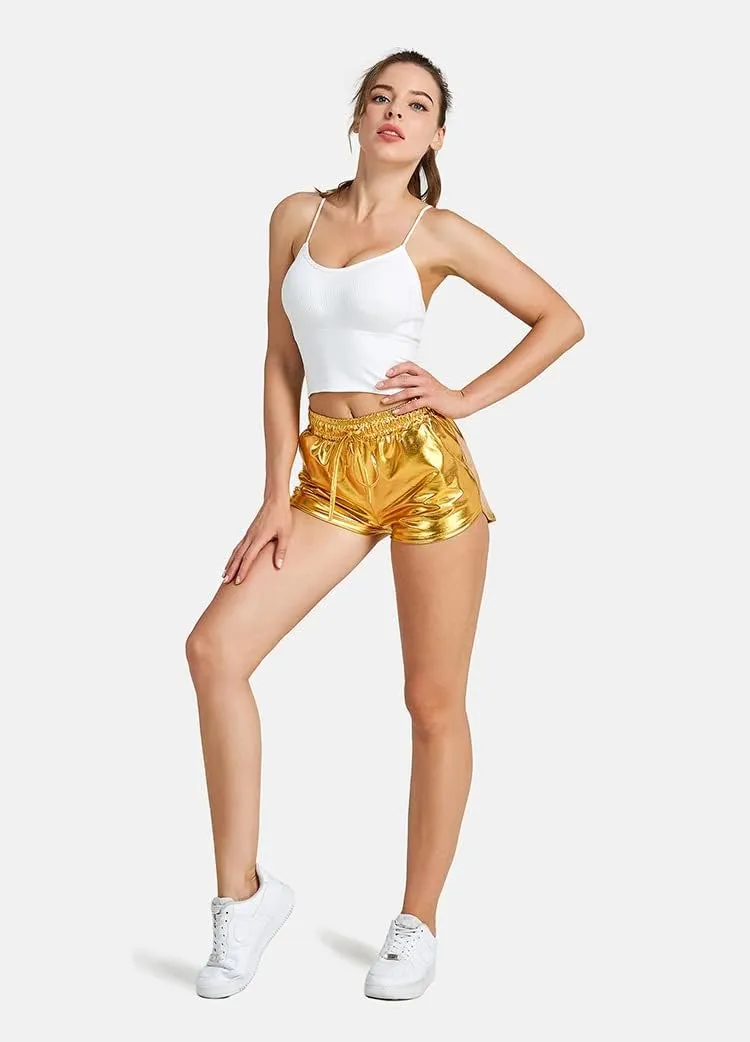 Shiny Metallic Sexy Shorts Women High Waist Reflective Pants Sparkly Outfit Elastic Waist Rave Dance Party
