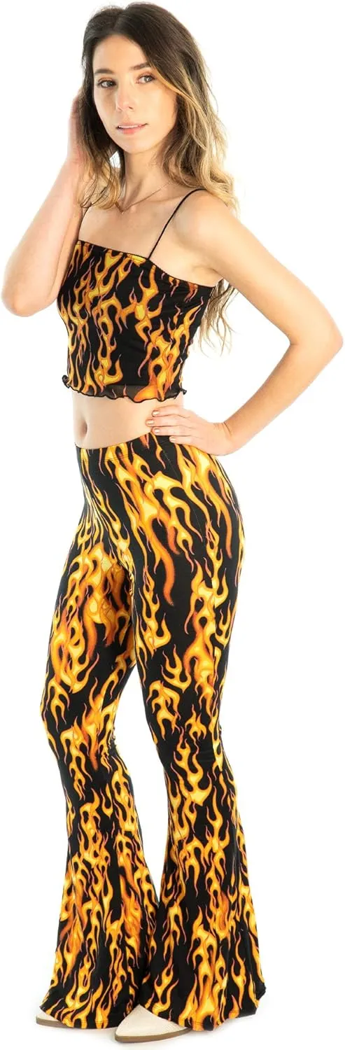 Shop Delfina Women's Print Elastic High Waisted Stretch Flared Leg Yoga Festival Rave Bell Bottoms Pants