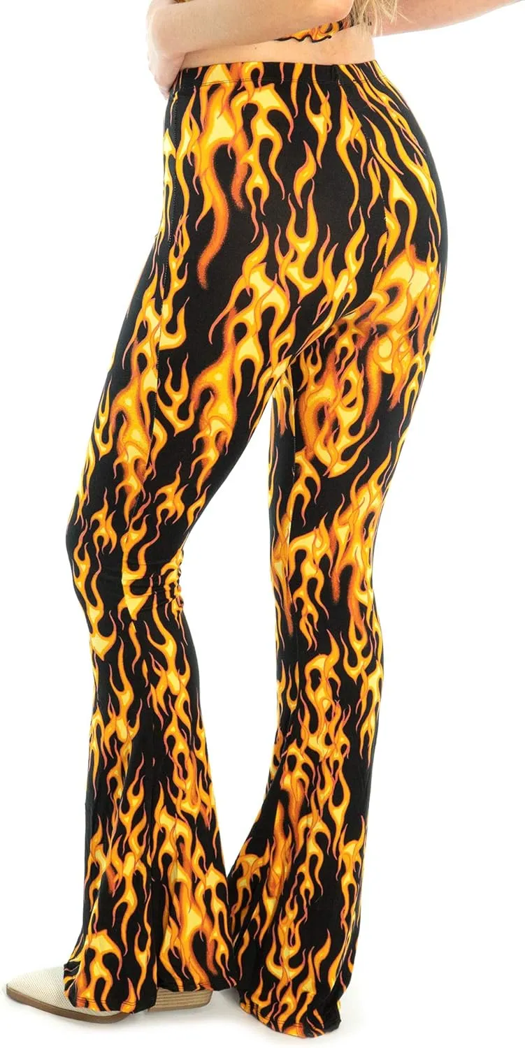 Shop Delfina Women's Print Elastic High Waisted Stretch Flared Leg Yoga Festival Rave Bell Bottoms Pants