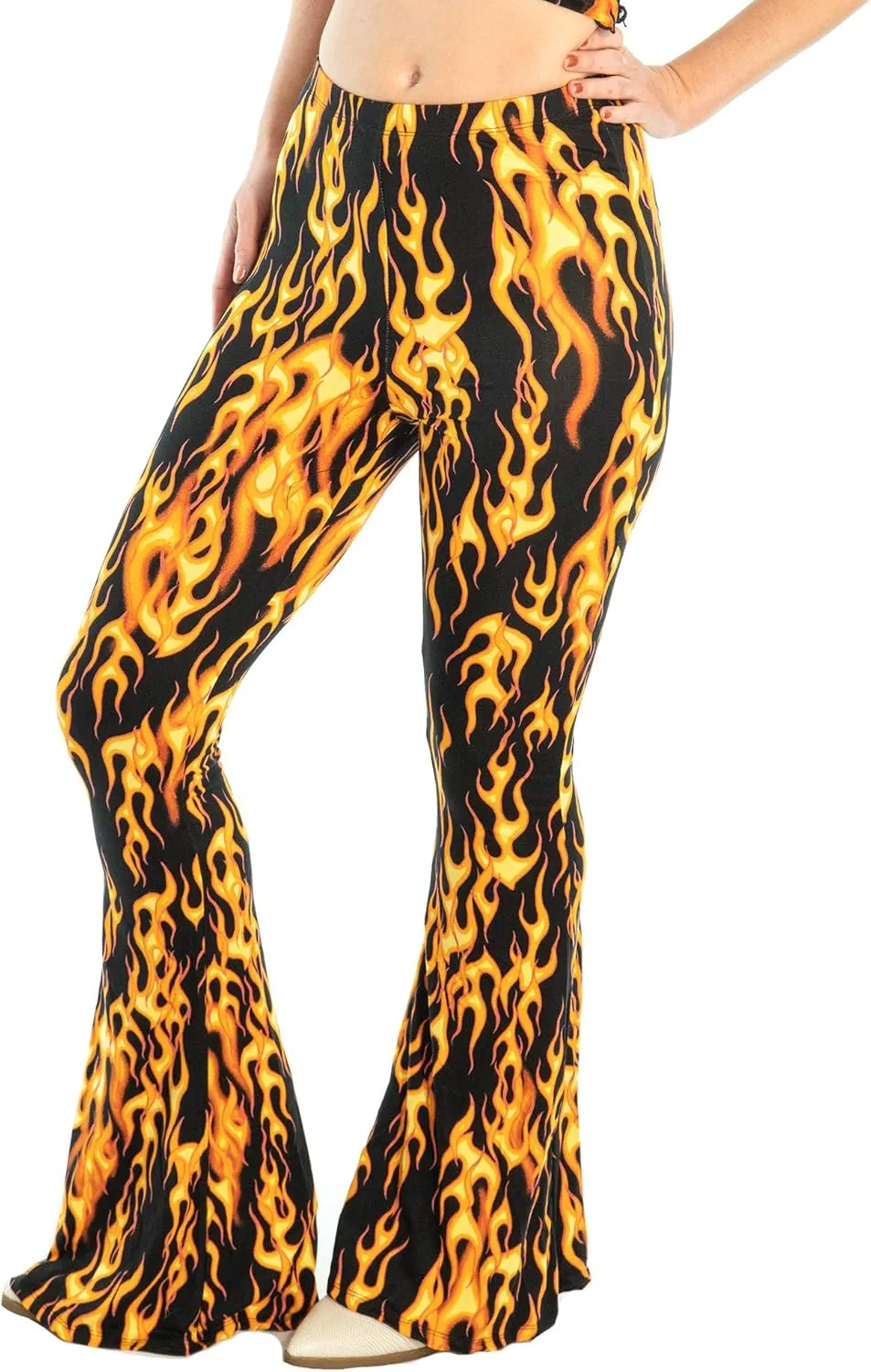 Shop Delfina Women's Print Elastic High Waisted Stretch Flared Leg Yoga Festival Rave Bell Bottoms Pants