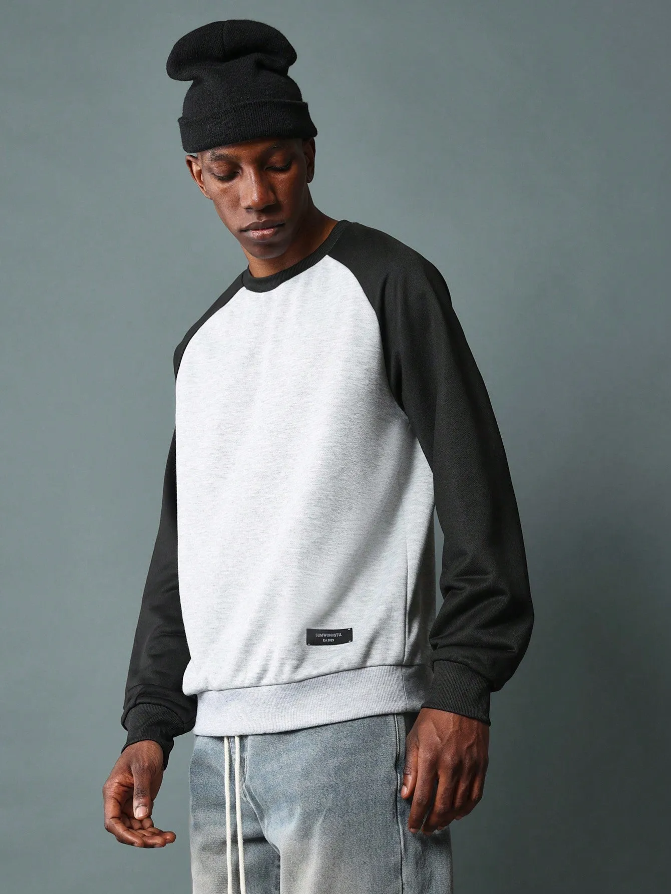 Slim Fit Contrast Colour Raglan Sleeve Ottoman Textured Sweatshirt