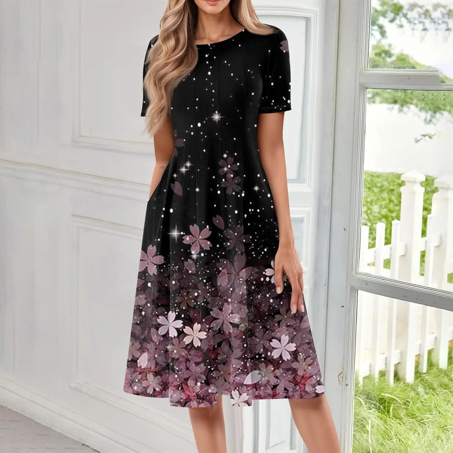 Spring Dresses for Women 2025 Cinched Waist Short Sleeve with Side Pocket Women Dress Plus Size Midi Crewneck Dress