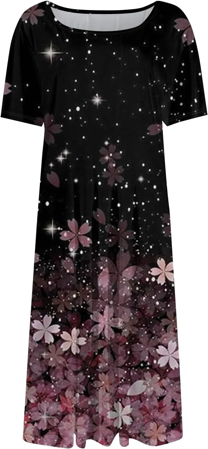 Spring Dresses for Women 2025 Cinched Waist Short Sleeve with Side Pocket Women Dress Plus Size Midi Crewneck Dress