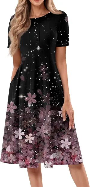 Spring Dresses for Women 2025 Cinched Waist Short Sleeve with Side Pocket Women Dress Plus Size Midi Crewneck Dress