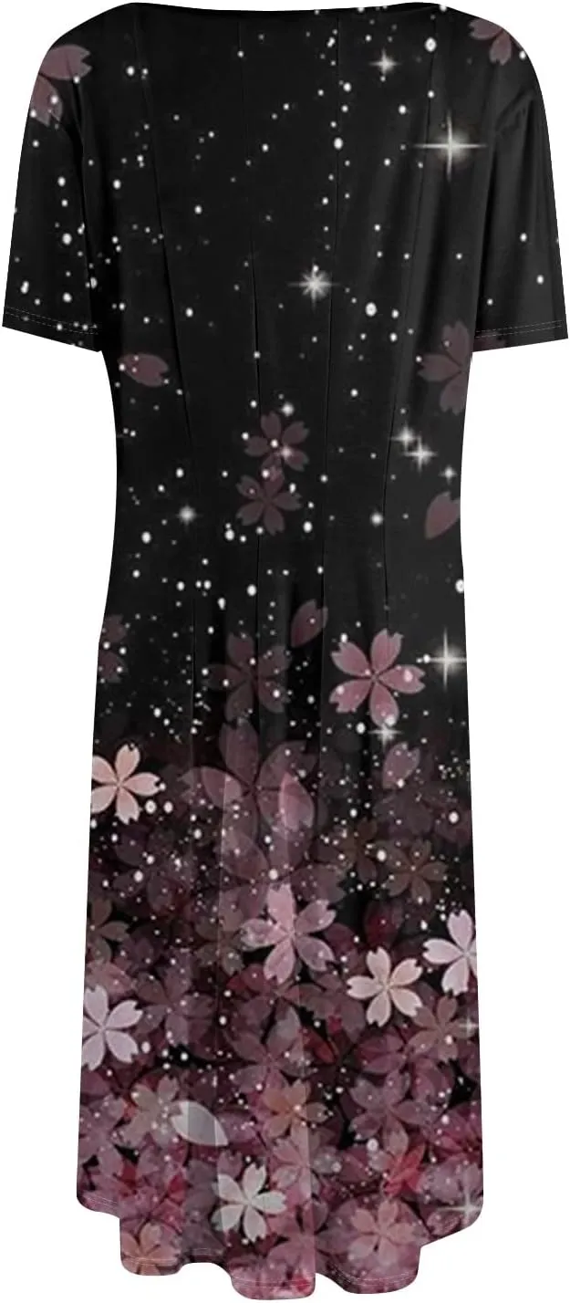 Spring Dresses for Women 2025 Cinched Waist Short Sleeve with Side Pocket Women Dress Plus Size Midi Crewneck Dress