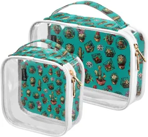 Succulents-cactus-pattern 2 Pack Clear Toiletry Bag Women Men, Portable Waterproof Clear Pouch, Cosmetic Bag with Double Zippers Large Opening Traveling with Handle for Bathroom Traveling Vacation Org