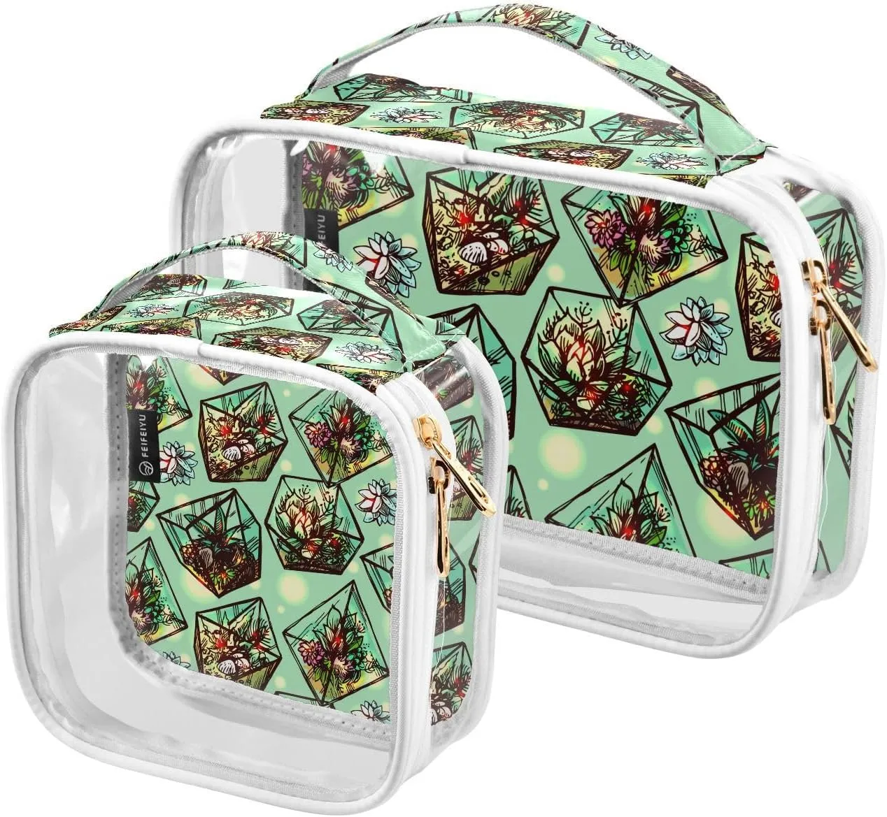 Succulents-cactuses 2 Pack Clear Toiletry Bag Women Men, Portable Waterproof Clear Pouch, Cosmetic Bag with Double Zippers Large Opening Traveling with Handle for Bathroom Traveling Vacation Organizin