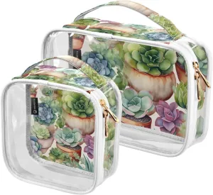 Succulents-floral 2 Pack Clear Toiletry Bag Women Men, Portable Waterproof Clear Pouch, Cosmetic Bag with Double Zippers Large Opening Traveling with Handle for Bathroom Traveling Vacation Organizing