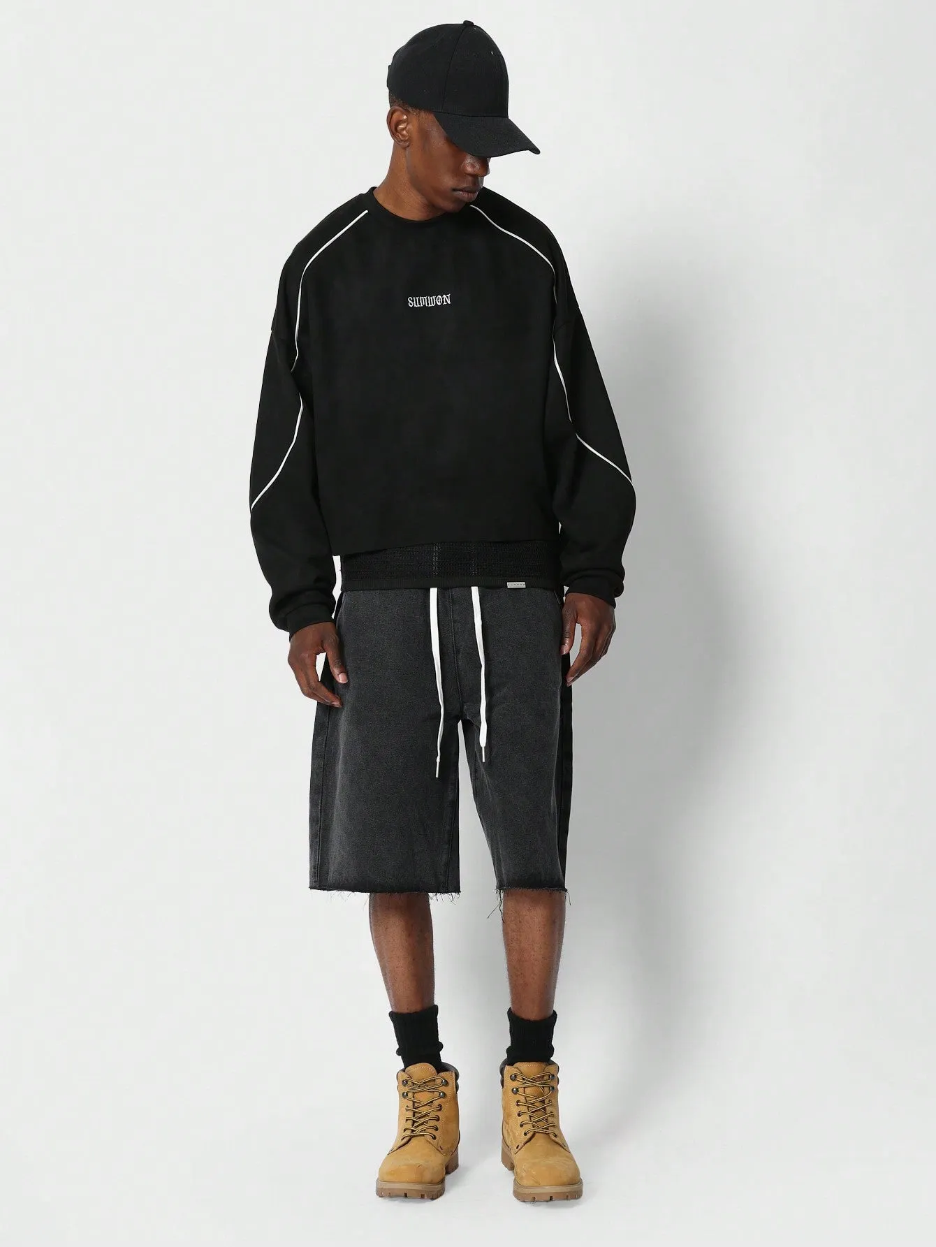 Suedette Crop Fit Sweatshirt With Piping Detail