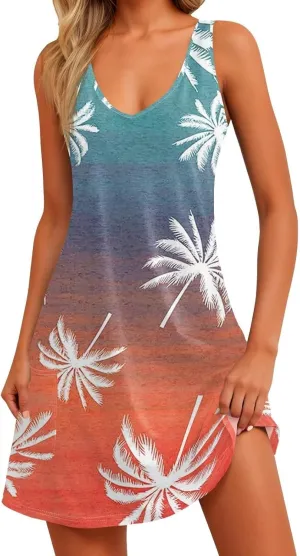 Summer Dresses for Women 2025 Casual Loose V Neck Sleeveless Sundresses Boho Tank Hawaiian Beach Dresses with Pockets