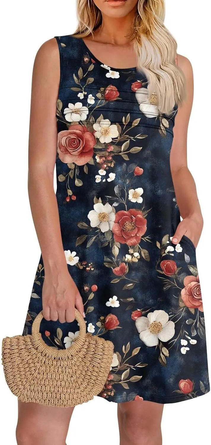 Summer Dresses for Women 2025 Coverup Beach Sundress Casual Loose Sleeveless Hawaii Print Tank Dresses with Pockets
