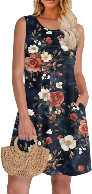 Summer Dresses for Women 2025 Coverup Beach Sundress Casual Loose Sleeveless Hawaii Print Tank Dresses with Pockets