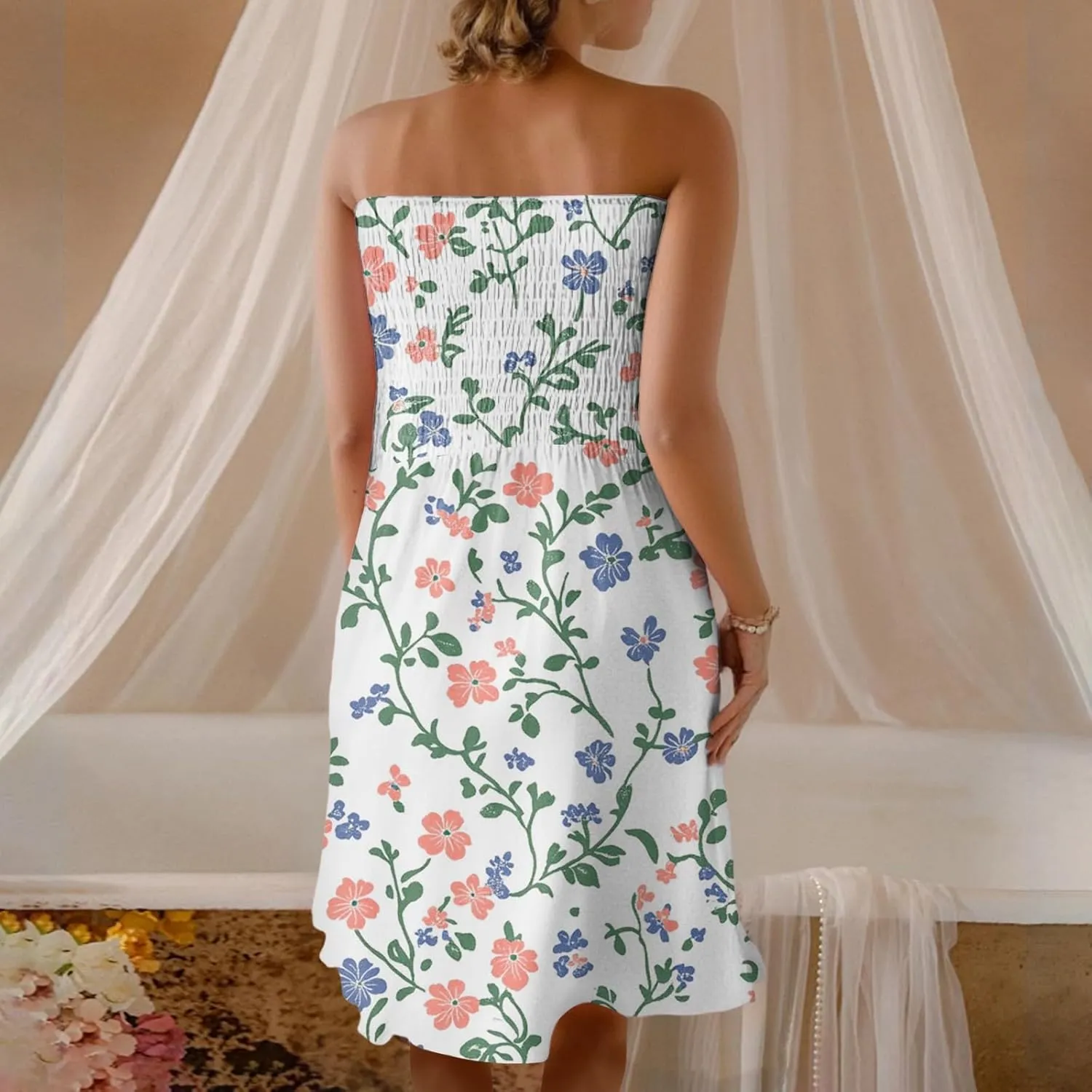 Summer Dresses for Women 2025 Flowy Flower Shirred Tube Mini Dress Sexy Empire Waist Sleeveless Tropical Ruffle Sundresses