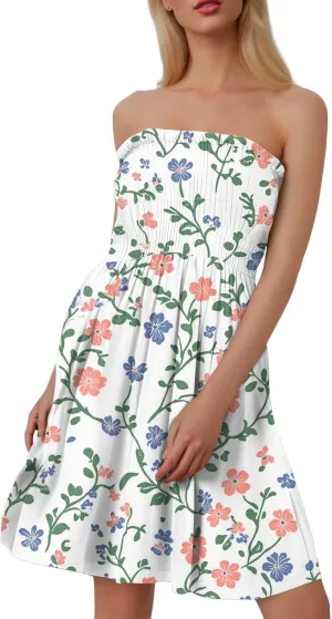 Summer Dresses for Women 2025 Flowy Flower Shirred Tube Mini Dress Sexy Empire Waist Sleeveless Tropical Ruffle Sundresses