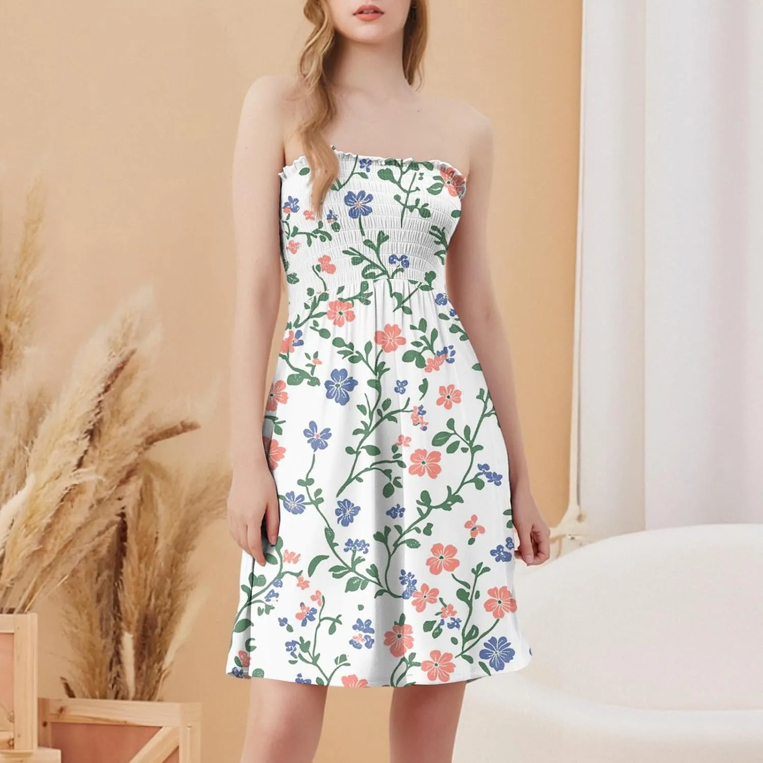 Summer Dresses for Women 2025 Flowy Flower Shirred Tube Mini Dress Sexy Empire Waist Sleeveless Tropical Ruffle Sundresses